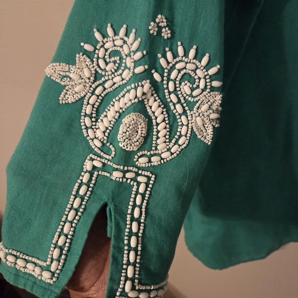 Chico’s Womans Green Linen Blend Beaded Tunic Top. Sz M Resortwear Swim Cover Up - Picture 6 of 9
